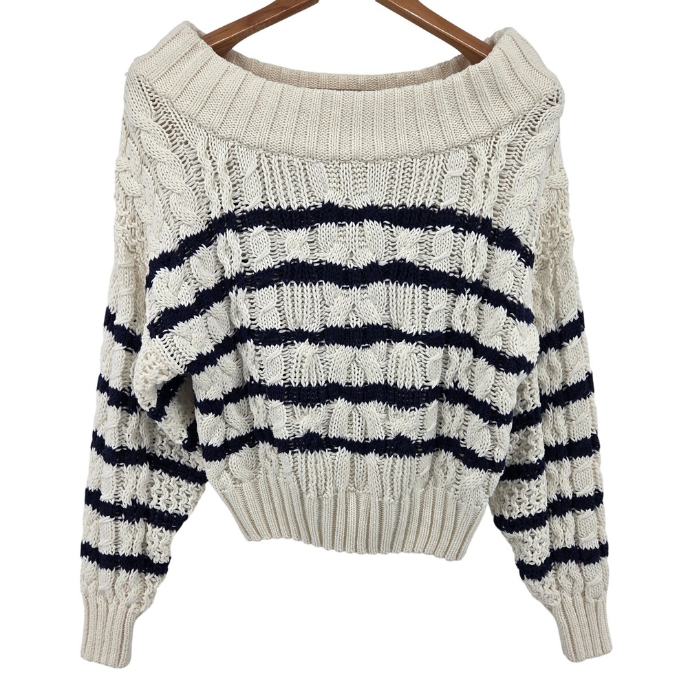 Anthropologie Striped‎ Chunky Knit Sweater Womens S Cream Navy Preppy Casual
